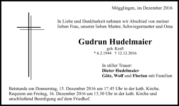 Traueranzeige von Gudrun Hudelmaier von Schwäbische Post