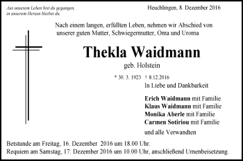 Traueranzeige von Thekla Waidmann von Gmünder Tagespost