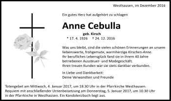 Traueranzeige von Anne Cebulla von Schwäbische Post