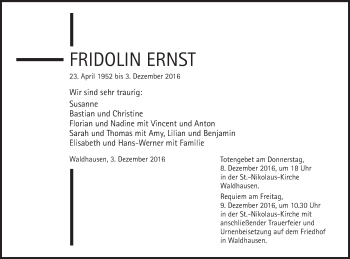 Traueranzeige von Fridolin Ernst von Schwäbische Post