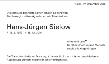 Traueranzeige von Hans-Jürgen Sielow von Schwäbische Post