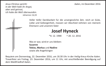 Traueranzeige von Josef Hyneck von Schwäbische Post