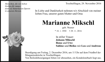 Traueranzeige von Marianne Mikschl von Schwäbische Post