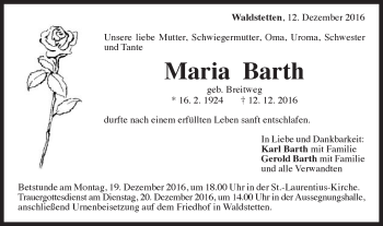 Traueranzeige von Maria Barth von Gmünder Tagespost