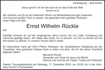Traueranzeige von Ernst Wilhelm Rückle von Schwäbische Post