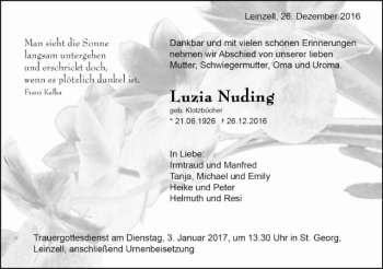 Traueranzeige von Luzia Nuding von Gmünder Tagespost