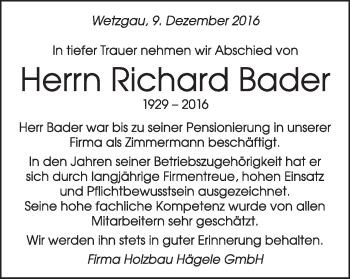 Traueranzeige von Richard Bader von Gmünder Tagespost