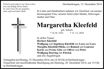 Traueranzeige von Margaretha Kleefeld von Schwäbische Post