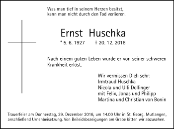 Traueranzeige von Ernst Huschka von Gmünder Tagespost