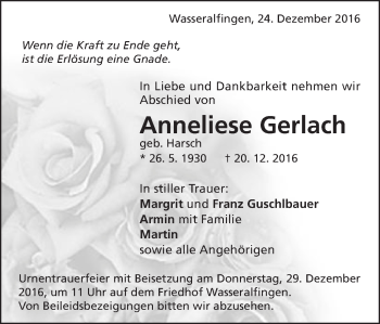 Traueranzeige von Anneliese Gerlach von Schwäbische Post