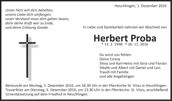 Traueranzeige von Herbert Proba von Gmünder Tagespost