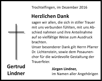 Traueranzeige von Gertrud Lindner von Schwäbische Post