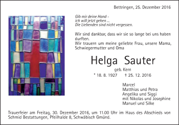 Traueranzeige von Helga Sauter von Gmünder Tagespost