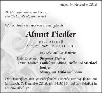 Traueranzeige von Armut Fiedler von Schwäbische Post