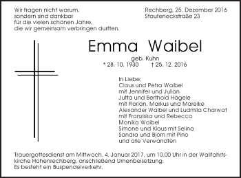 Traueranzeige von Emma Waibel  von Gmünder Tagespost