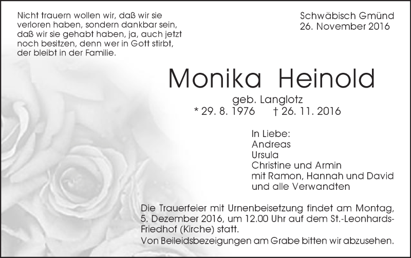  Traueranzeige für Monika Heinold vom 01.12.2016 aus Gmünder Tagespost