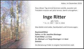 Traueranzeige von Inge Ritter von Schwäbische Post