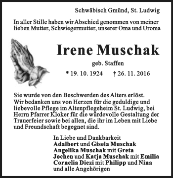 Traueranzeige von Irene Muschak von Gmünder Tagespost