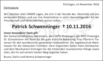 Traueranzeige von Patrick Schwenninger von Schwäbische Post
