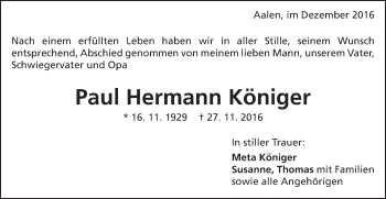 Traueranzeige von Paul Hermann Königer von Schwäbische Post