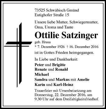Traueranzeige von Ottilie Satzinger von Gmünder Tagespost