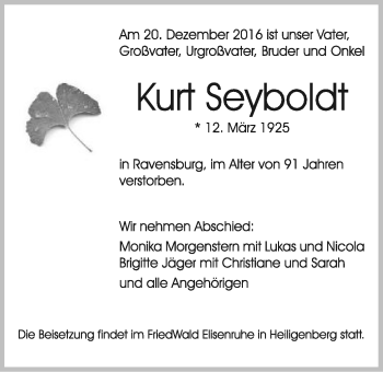 Traueranzeige von Kurt Seyboldt von Schwäbische Post