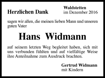 Traueranzeige von Hans Widmann von Gmünder Tagespost