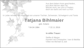 Traueranzeige von Tatjana Bihlmaier von Schwäbische Post