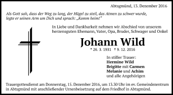 Traueranzeige von Johann Wild von Schwäbische Post