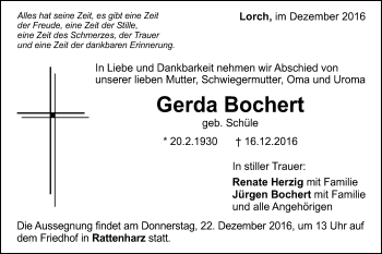 Traueranzeige von Gerda Bochert von Gmünder Tagespost