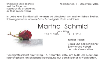 Traueranzeige von Martha Schmid von Gmünder Tagespost