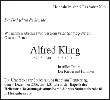 Traueranzeige von Alfred Kling von Schwäbische Post