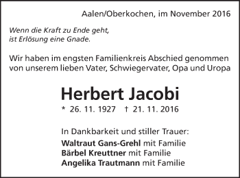 Traueranzeige von Herbert Jacobi von Amtsblatt_Oko