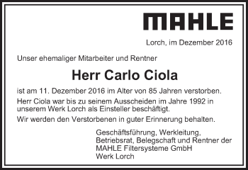 Traueranzeige von Carlo Ciola von Gmünder Tagespost