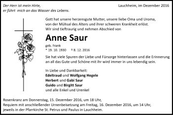 Traueranzeige von Anne Saur von Schwäbische Post