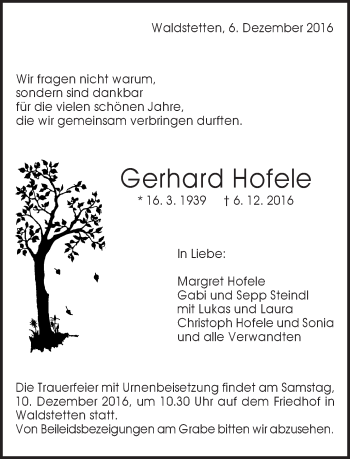 Traueranzeige von Gerhard Hofele von Gmünder Tagespost