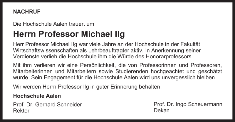 Traueranzeige für Michael Ilg vom 19.12.2016 aus Schwäbische Post