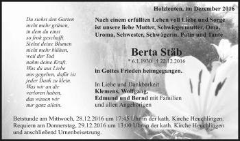 Traueranzeige von Berta Stäb von Gmünder Tagespost