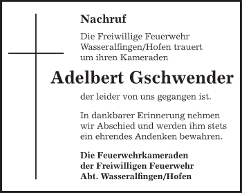 Traueranzeige von Adelbert Gschwender von Schwäbische Post