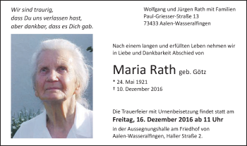 Traueranzeige von Maria Rath von Schwäbische Post