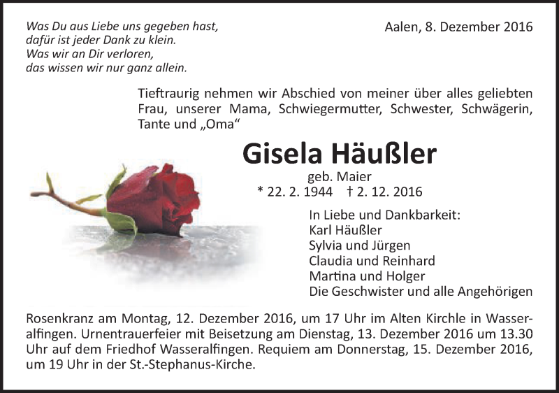  Traueranzeige für Gisela Häußler vom 08.12.2016 aus Schwäbische Post