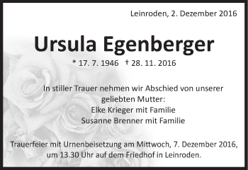 Traueranzeige von Ursula Egenberger von Schwäbische Post