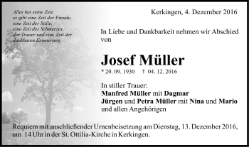 Traueranzeige von Josef Müller von Schwäbische Post