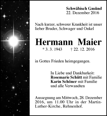 Traueranzeige von Hermann Maier von Gmünder Tagespost