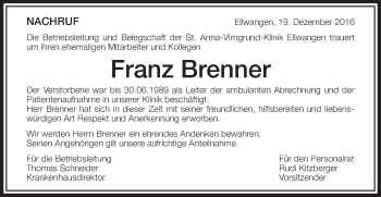 Traueranzeige von Franz Brenner von Schwäbische Post