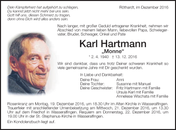 Traueranzeige von Karl Hartmann von Schwäbische Post