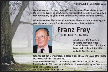 Traueranzeige von Franz Frey von Schwäbische Post