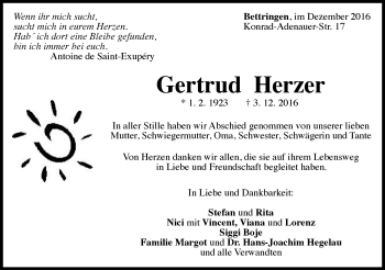 Traueranzeige von Gertrud Herzer von Gmünder Tagespost