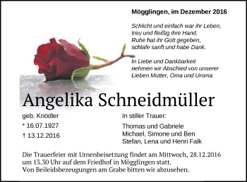Traueranzeige von Angelika Schneidmüller von Gmünder Tagespost