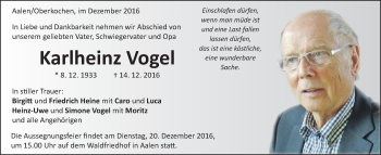 Traueranzeige von Karlheinz Vogel von Schwäbische Post
